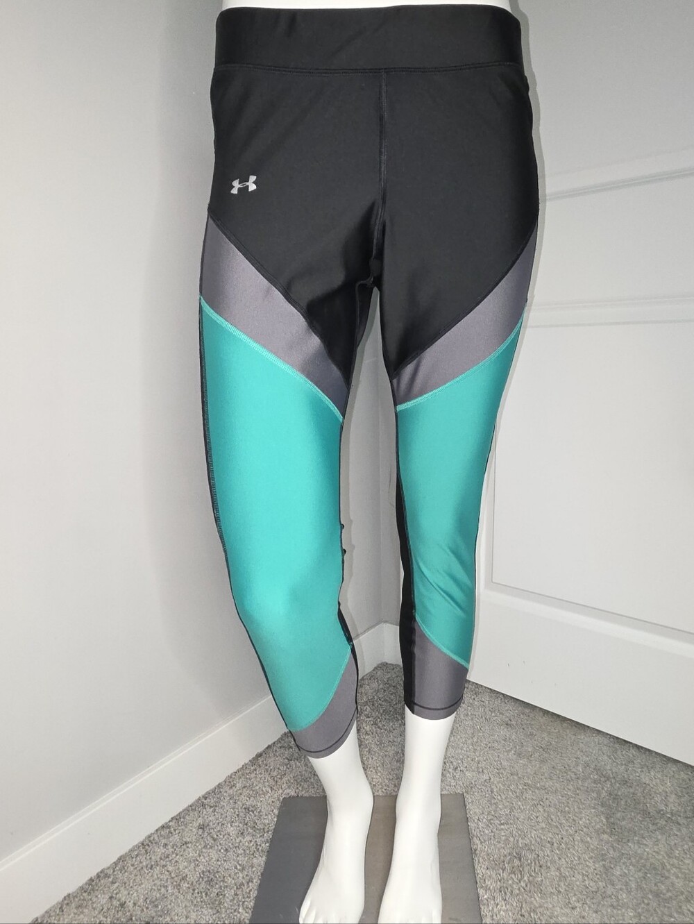 Under Armour HeatGear Color Block Ankle Crop Compression Leggings Black Teal XL
